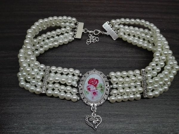 Trachtenkropfband Perlen 5-reihig Blumen mit Herzanhänger